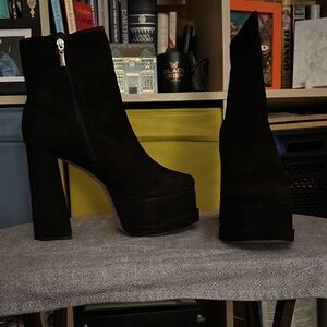 SCHUTZ Black Suede Platform Block Heeled Boots with Zipper